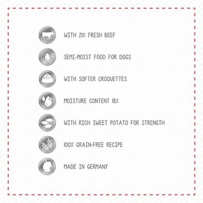 Engelsk text: With 21% fresh beef, semi-moist food for dogs, with softer croquettes, moisture content 18%, with rich sweet potato for strength, 100% grain-free recipe, made in Germany.