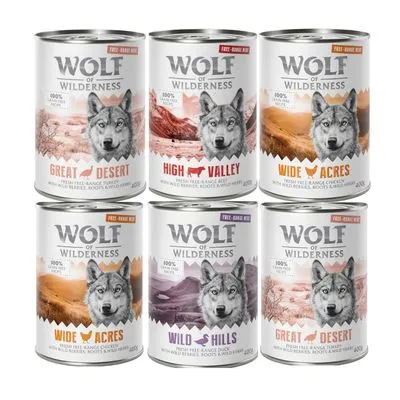 Set prova misto! Wolf of Wilderness umido per cane - 6 x 400 g Junior 4x Anatra & Vitello, 2x Pollo & Salmone (lattine)