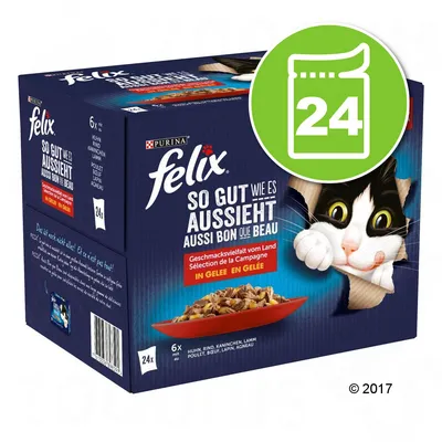 Boîte Purina Felix Aussi Bon Que Beau, sélection de la campagne en gelée, 24 sachets. Saveurs visibles : poulet, bœuf, lapin, agneau. Texte bilingue allemand/français sur l’emballage. Boîte Purina Felix Aussi Bon Que Beau, sélection de la campagne en gelée, 24 sachets. Saveurs visibles : poulet, bœuf, lapin, agneau. Texte bilingue allemand/français sur l’emballage.