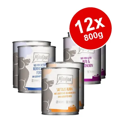 Selection of MjAMjAM canned food varieties with a red label showing 12 x 800g. Selection of MjAMjAM canned food varieties with a red label showing 12 x 800g.