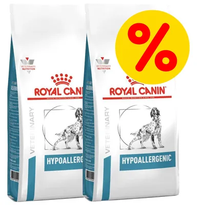 Kaksi Royal Canin Hypoallergenic -koiranruokapussia, pakkauksessa teksti VETERINARY NUTRITION ja HYPOALLERGENIC. Keltainen alennusmerkki (%) oikeassa yläkulmassa.