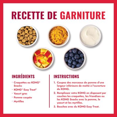 Instructions de recette pour garnir un KONG : liste d'ingrédients avec friandises, KONG Easy Treat, yaourt grec, morceaux de pomme et myrtilles, ainsi qu'un guide étape par étape pour la préparation.