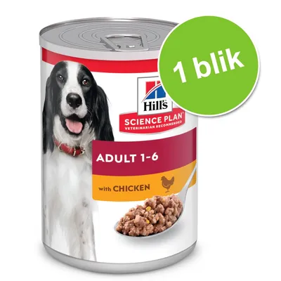 Hill's Science Plan Adult 1-6 with Chicken natvoer voor honden, afbeelding van blik met hond, tekst '1 blik' in groene cirkel zichtbaar.