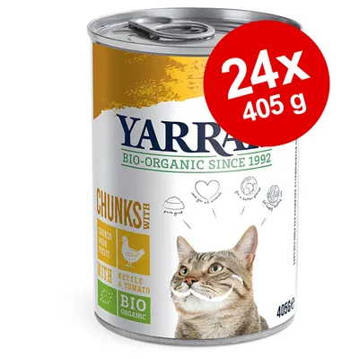 Yarrah BIO-ORGANIC SINCE 1992, CHUNKS WITH chicken with poultry, with nettle & tomato, BIO ORGANIC. Kat på dåse. 24x405 g synligt i rød cirkel. 405 g nederst til højre.