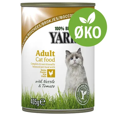 Yarrah 100% BIO Adult Cat food med kylling, brændenælde og tomat, 405 g. ØKO-mærke synligt på dåsen. Tekst: Complete & nutritionally balanced pet food with Huhn Poulet Kip Pollo.