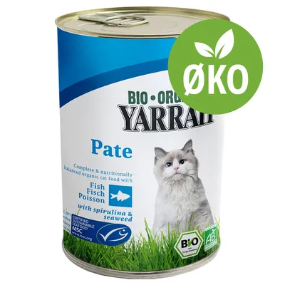 Yarrah BIO ORGANIC Pate kattemad med fisk, spirulina og tang. ØKO-mærke synligt på dåsen. Tekst: Fish Fisch Poisson, MSC-certificeret, Bio, AB. Billede af kat på emballagen.