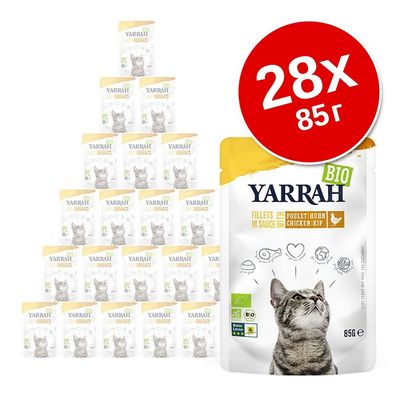 Yarrah BIO паучи для кошек с курицей, 28×85 г. На упаковке изображён кот и значки: курица, сердце, лист, сертификаты EU-BIO, AB, Beter Leven.