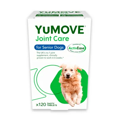 YuMOVE Joint Care pre starších psov, 120 chutných tabliet. Klinicky preukázaná účinnosť za 6 týždňov. Powered by ActivEase zelená mušľa.