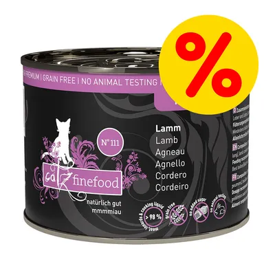catz finefood N°111 dåse med lammekød, tekst: premium, grain free, no animal testing, naturlig gut mmmmiau, 98 %, tilbudsprocent-symbol i gult hjørne