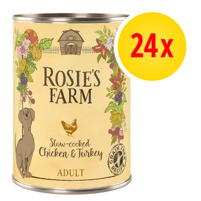 Rosie's Farm Slow-cooked Chicken & Turkey Adult, puszka z napisem Grain Free Recipe, ilustracja psa i kury, żółte koło z czerwonym napisem 24x