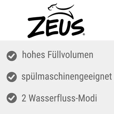 Zeus. Hohes Füllvolumen, spülmaschinengeeignet, 2 Wasserfluss-Modi.