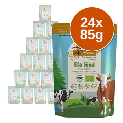 catz finefood Bio Rind, 24×85g. Nápisy: Bio, 94 % masa, bez obilovin, certifikace EU a BIO. Ilustrace krav na obalu.