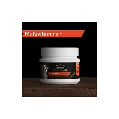Frasco de suplemento Purina Pro Plan Multivitamin MS+ para cães, com rótulo visível e texto 'Multivitamins +' em destaque no topo da imagem.