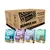 Burns Bumper Box containing 24 trays of adult and senior dog food in four flavours: free range chicken, wholesome turkey, hearty lamb, and wild fish, each with carrots and brown rice.