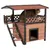 Holz-Katzenhaus mit zwei Ebenen, Treppe, überdachtem Balkon und Eingangsöffnung. Katze steht auf dem Balkon.