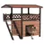 Holz-Katzenhaus mit zwei Ebenen, Treppe, Balkon und rotem Dach. Katze tritt aus der unteren Ebene heraus.