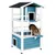 Mehrstöckiges blau-weisses Katzenhaus aus Holz mit Dach und Plattformen. Katze steht auf der unteren Plattform.