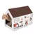 Cardboard cat house with brown roof and living room design, cat looking out from the entrance.