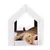 Cat house made of white wood with a brown cat relaxing inside. Visible scratching surface inside.