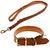Heim brown leather dog lead with metal clip and matching collar with gold-coloured buckle and D-ring, Heim brand tag visible on collar
