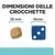 Dimensioni delle crocchette: 28 mm, confronto con un dado da 16 mm. Testo visibile: 'DIMENSIONI DELLE CROCCHETTE', '28 mm', '16 mm'.