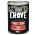 Konzerva CRAVE, nápisy: Satisfy their nature, Hochwertiges Protein, Getreidefreie Rezeptur, Hergestellt mit 100% natürlichem Lachs & Truthahn, 400 g. Text v nemčine a angličtine.