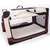Foldable soft-sided pet crate in beige and brown fabric with mesh windows, zip openings, carry handles and side pockets. No visible brand or text.