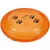 Frisbee arancione in plastica con impronte nere e scritta Dog Activity, sito www.sky-dogs.de visibile sul bordo.