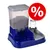 Comedero y bebedero automático azul con recipiente transparente para pienso y botella de agua. Símbolo de porcentaje en círculo rojo indica oferta o descuento visible.