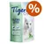 Tigerino Crystals Silicate Litter, con aroma a aloe vera, 5L. Texto en inglés: light & economical, stops odours before they arise, inhibits bacterial growth, dust-free. Símbolo de porcentaje.