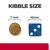 Kibble size comparison showing a 7mm round kibble next to a 16mm blue die for scale.