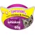 Whiskas Temptations with Chicken & Cheese, 60g. Cat-shaped packaging with image of a grey tabby cat and two filled treats shown on yellow background.