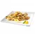 Chunks of wet pet food with yellow and green garnish served on a white square plate, small herb and orange peel decoration in the corner. No visible brand or text.