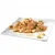 Shredded meat pieces with green vegetable chunks in gravy, served on a white square plate. No visible brand or packaging text.