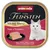 Animonda Vom Feinsten Mildes Menü, turkey + tomatoes. Serving suggestion with cat food on a black plate and a white cat shown.