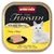 Animonda Vom Feinsten Mildes Menü turkey + cheese. Serving suggestion with cat food on a black plate and a white cat shown.