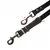 Laisse noire en cuir avec deux mousquetons métalliques et boucles réglables visibles, adaptée pour attacher un animal. Aucun texte ou marque visible sur la laisse.
