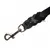 Close-up of a braided black leather lead with a metal clip attachment, showing connection detail for securing to a collar or harness.