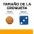Tamaño de la croqueta: imagen comparativa con una croqueta de 11 mm y un dado azul de 16 mm. Texto visible: 'TAMAÑO DE LA CROQUETA', '11 mm', '16 mm'.