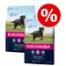 Kaksi Eukanuba Active Adult -koiranruokapussia, pakkauksessa juokseva koira ja teksti 'Optimal Body Condition'. Suuri punainen prosenttimerkki oikeassa yläkulmassa.
