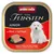 Animonda Vom Feinsten Junior wet food with beef and poultry, serving suggestion with meat pieces on a black plate, image of a white dog.