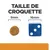 Taille de croquette : comparaison visuelle entre une croquette ronde de 9 mm et un dé bleu de 16 mm, texte « TAILLE DE CROQUETTE » en haut de l’image.