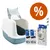 Savic caja de arena para gatos con filtro y bolsa, blanco-azul, accesorios incluidos. Símbolo de descuento en naranja visible.