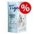 Tigerino Silicate Litter Classic Sensitive 5L, valkoinen kissa pakkauksessa, englanninkieliset ominaisuudet: light & economical, stops odours, inhibits bacterial growth, dust-free, prosenttimerkki Tigerino Silicate Litter Classic Sensitive 5L, valkoinen kissa pakkauksessa, englanninkieliset ominaisuudet: light & economical, stops odours, inhibits bacterial growth, dust-free, prosenttimerkki