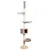 Cat tree made of wood with multiple levels: padded resting areas, hammock and enclosed cave. Height approx. 2 metres, beige and grey.