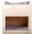 Cuccia per animali in legno chiaro con due livelli, entrambi dotati di cuscino grigio morbido visibile all'interno e sulla parte superiore.