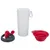 Plastic water bottle with carabiner, removable lid and foldable red silicone bowl. Accessory for on the go.