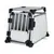 Aluminium transport box with barred front door, solid side panels and reinforced corners, designed for secure pet transport.