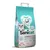 Sac de litière pour chat Sanicat Clumping White 8L, contrôle des odeurs par oxygène, faible traînée, sans poussière, parfum rose, illustration de chat et pelle à litière visibles.