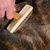 Hand holding a wooden brush with metal bristles gliding over an animal's fur.